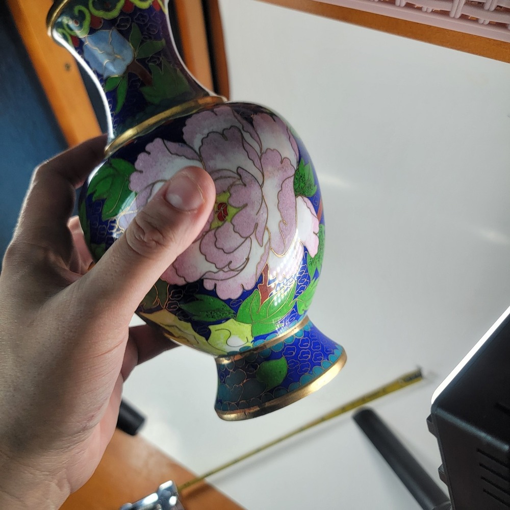 Vintage Antique Chinese Cloisonne Enamel on Brass Blue Vase‎ Flower - Picture 8 of 10